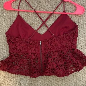 Cross cross lace peplum rose red top